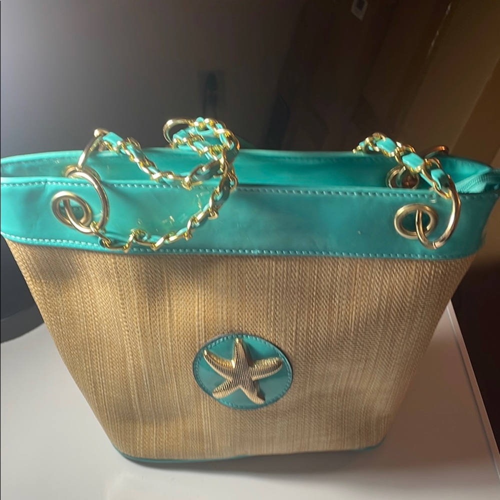 Starfish Accent Turquoise and Tan Tote Bag NWOT - Picture 1 of 6